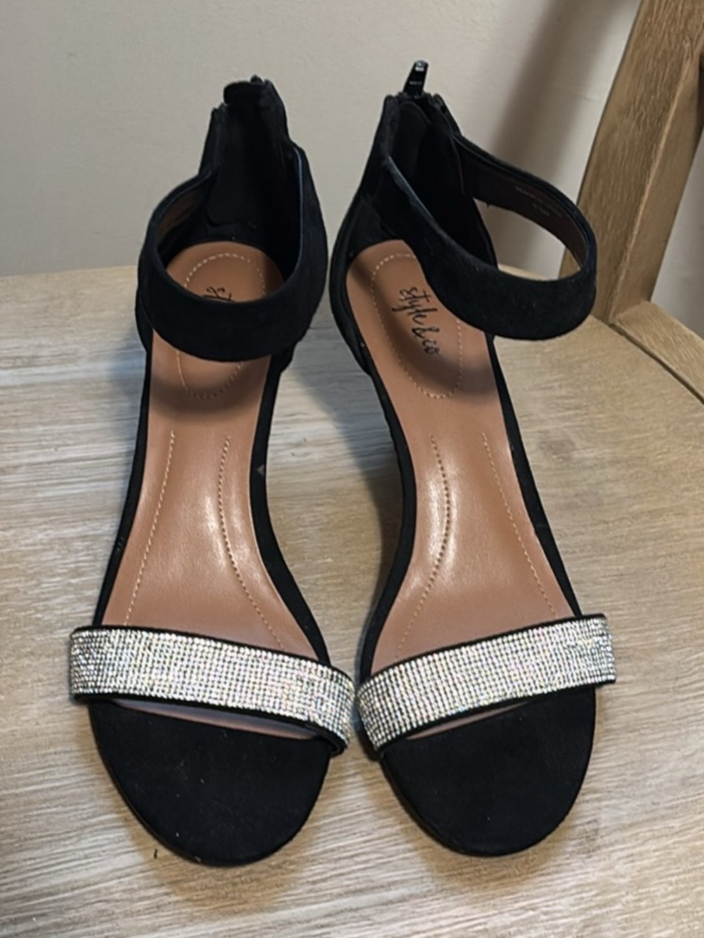 Styluxe Black Suede Ankle-Strap Heels with Rhinestone Toe Band A-6